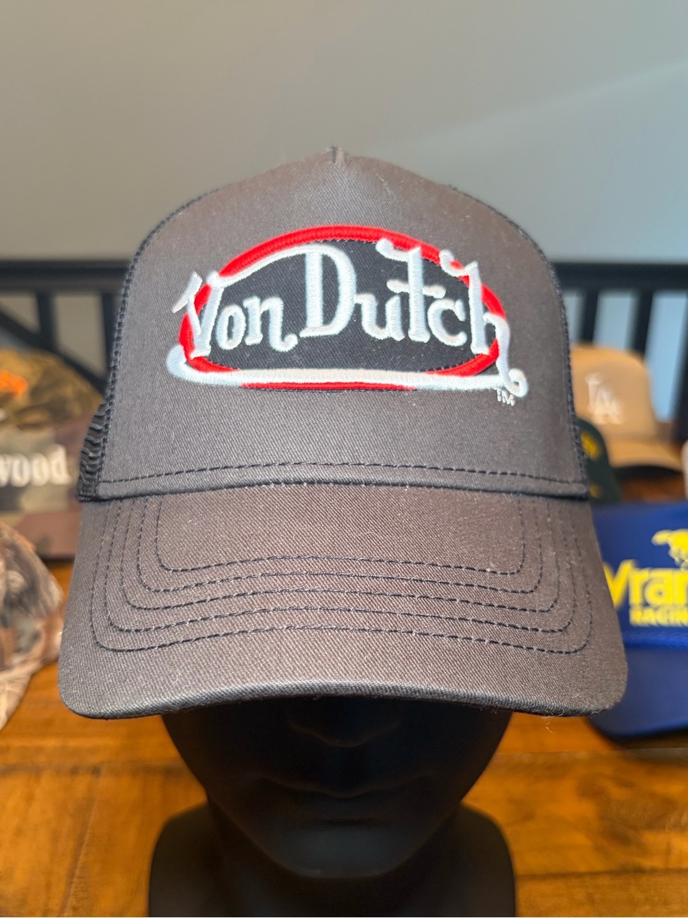 Von Dutch Flat Black Trucker Hat with Red & White Logo